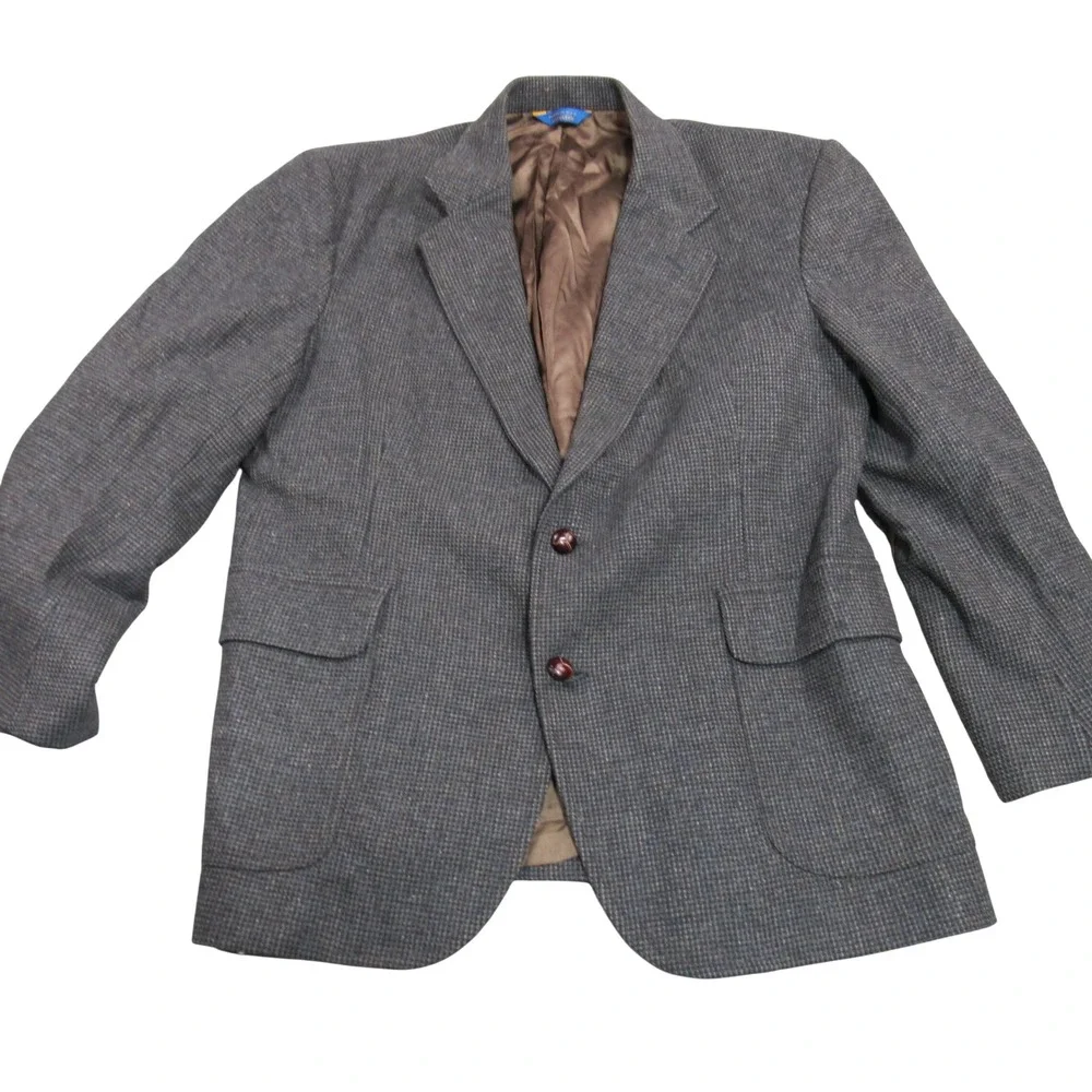 Pendleton Mens 44 Wool Blazer Grey Blue Micro Check Suede Elbow Patch Made in US